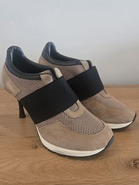 Taupe Suede & Mesh Slip-On Heels with Black Elastic Band